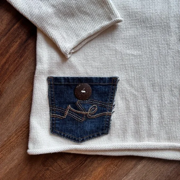 Shannon Passero Cotton White Pullover Knit Sweater Denim Pocket Minimalist - Picture 4 of 8